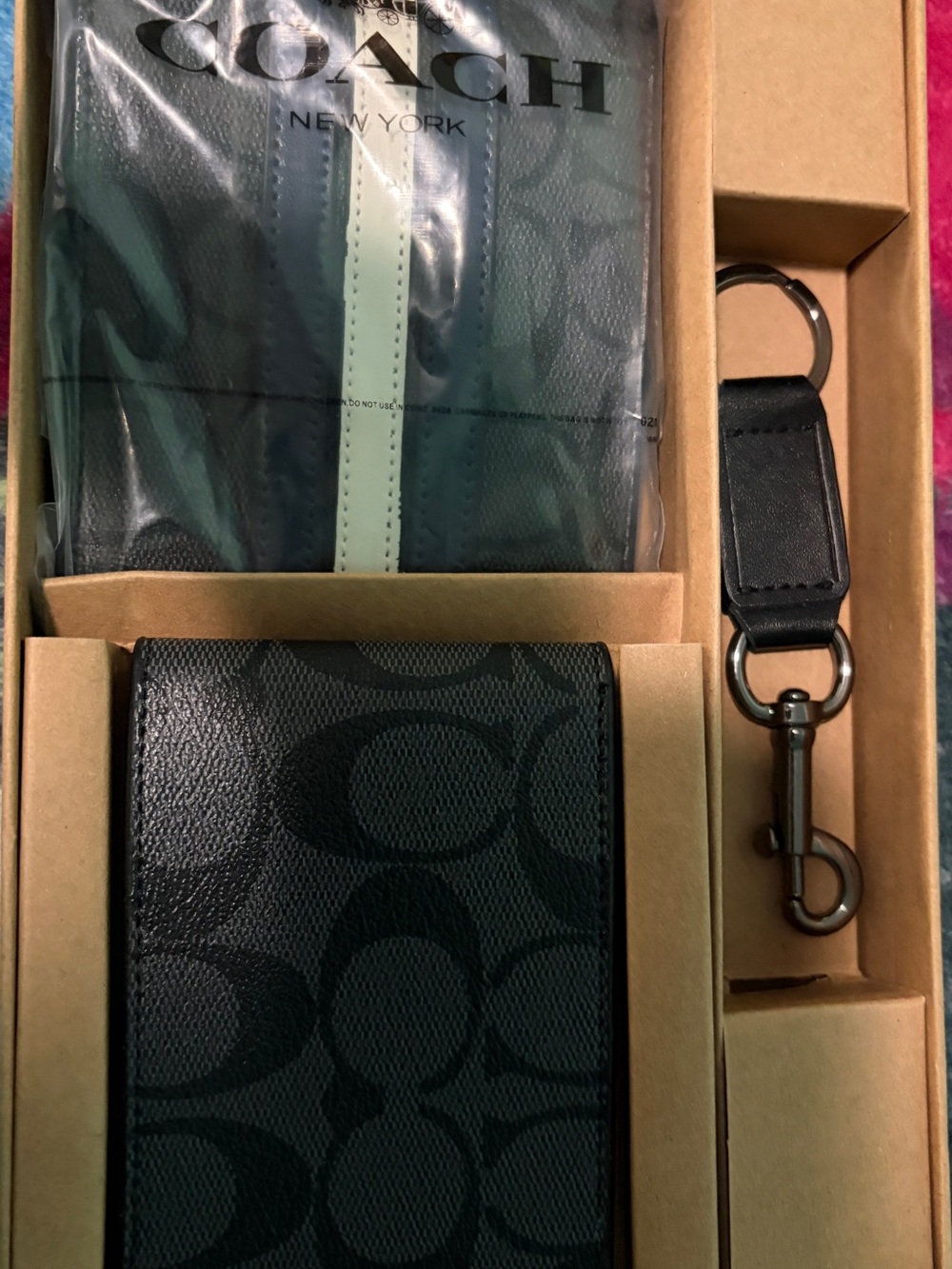 Coach Men's Black Signature 3in 1 Card Wallet & Key Fob Set (Boxed)